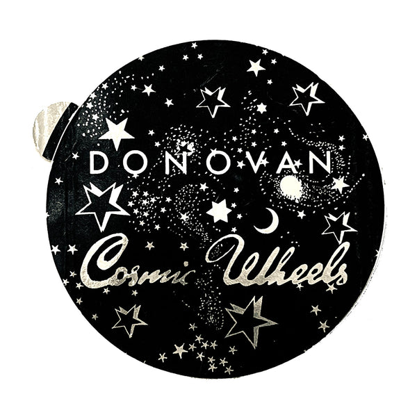 original, unused, promotional sticker for Cosmic Wheels, the tenth studio album by Scottish singer-songwriter Donovan, 1973.