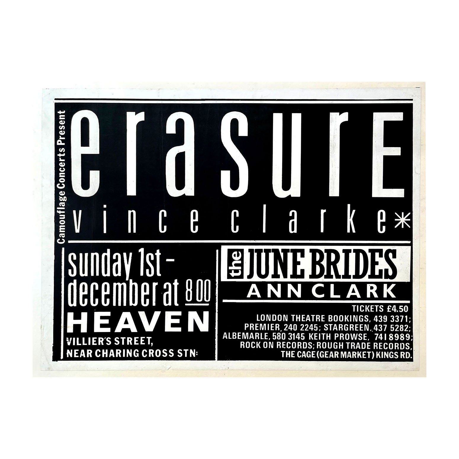An original, and very early, gig poster for a performance by English synth-pop band Erasure at the legendary Heaven club, December 1985