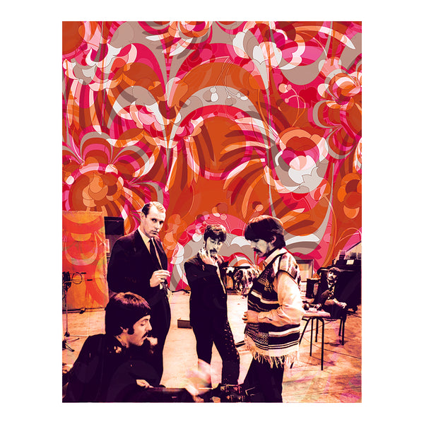 Limited edition photographic print of the Beatles with their manager George Martin at the Abbey Road studio during the recording of Sgt. Pepper's Lonely Hearts Club Band, 30 March 1967. Based on the original photograph by Frank Herrmann with a digital makeover by designer David Palmer. 
