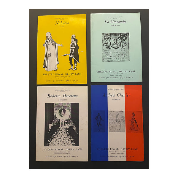 Four original official souvenir programmes for Andrea Chénier by Giordano (1970), Roberto Devereux by Donizetti (1970), La Gioconda by Ponchielli (1969), and Nabucco by Verdi (1968) at Theatre Royal Drury Lane