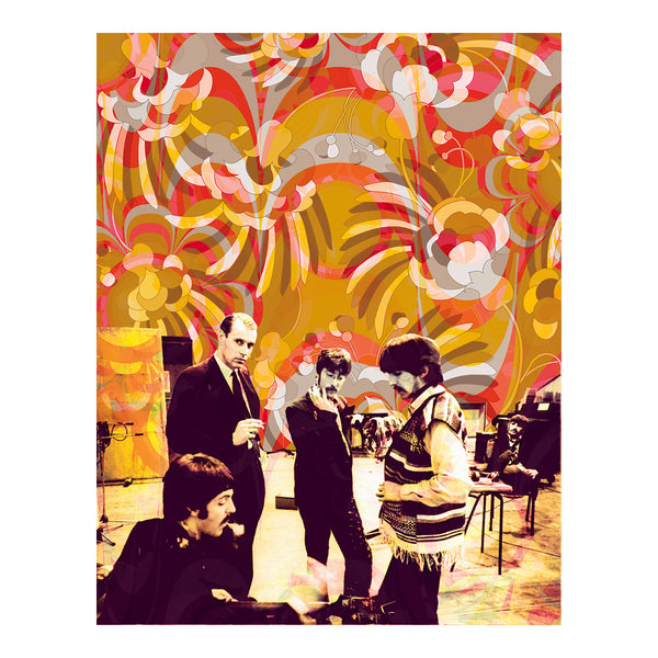 Limited edition photographic print of the Beatles with their manager George Martin at the Abbey Road studio during the recording of Sgt. Pepper's Lonely Hearts Club Band, 30 March 1967. Based on the original photograph by Frank Herrmann with a digital makeover by designer David Palmer. 