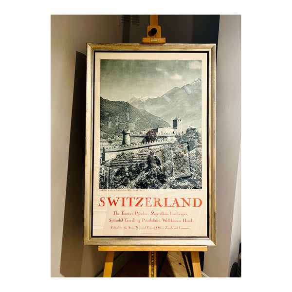 Original, framed, travel poster, Switzerland. The Tourist's Paradise, published by the Swiss National Tourist Office in Zurich and Lausanne, in about 1930. The photographic design features the Château de Montebello in Bellinzona, one of the three iconic fortresses in Bellinzona, the capital of the Swiss canton of Ticino