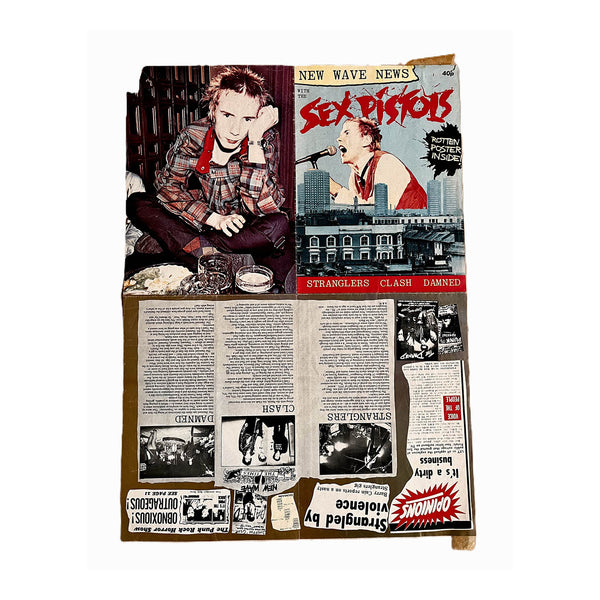 Original, fanzine magazine, New Wave News, featuring the Sex Pistols, 1977. The folding magazine includes photographs of the Pistols and articles about The Stranglers, Clash and The Damned. Opens to reveal a large poster of the Pistols on stage