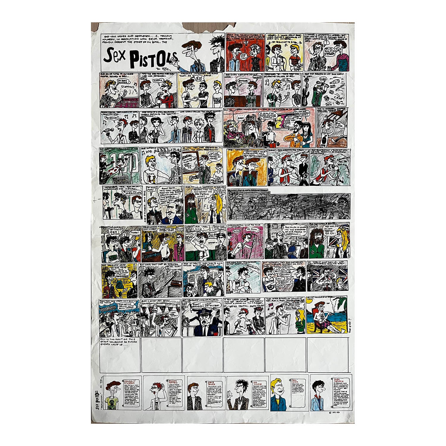 Original promotional poster, Sex Pistols - The Story So Far, drawn by Mark Jay and published with the fanzine Skum. According to Jay, the poster was directly commissioned by the band’s manager, Malcolm Mclaren in the summer of 1977. The design, drawn in comic-strip panels, captures key moments in the Pistols’ turbulent career with often biting humour and punk attitude.