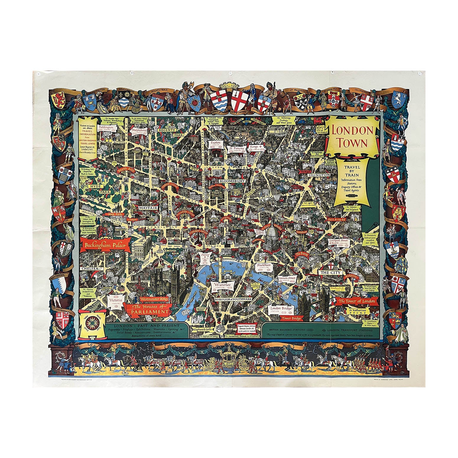 Original pictorial railway poster map of central London designed by Kerry Lee 1953. Full of period detail, prominent landmarks and humorous scenes. It also includes an illustration of the artist at work towards the bottom right corner of the map. The decorative border features historical figures from all the London boroughs with shields showing the coats of arms of each, while the royal procession for the State Opening of Parliament is prominent at the base
