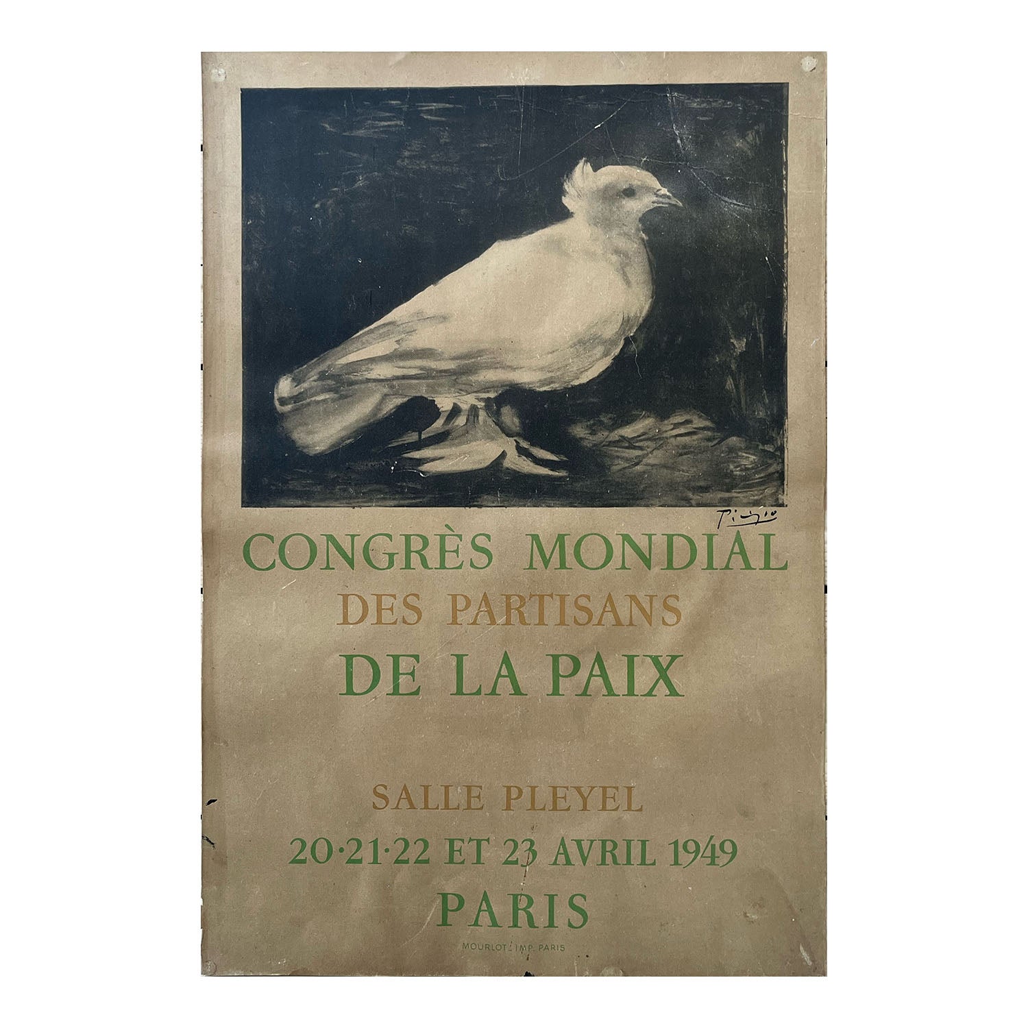 Original, rare, poster for the First International Peace Congress (Congrès mondial des Partisans de la paix), held in Paris, April 1949, featuring the Dove symbol designed specifically for the event by Pablo Picasso.