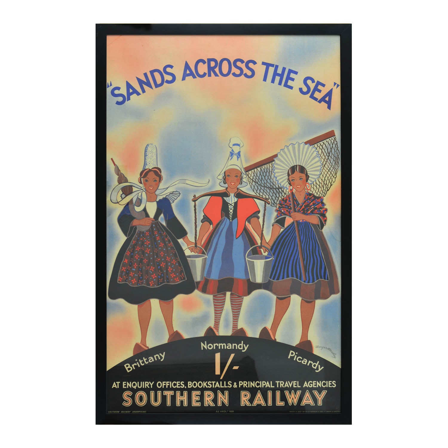 An original Southern Railway travel poster, Sands Across the Sea, by Margaret Bradley, 1937.  The design features three women wearing traditional costumes associated with Brittany, Normandy and Picardy.