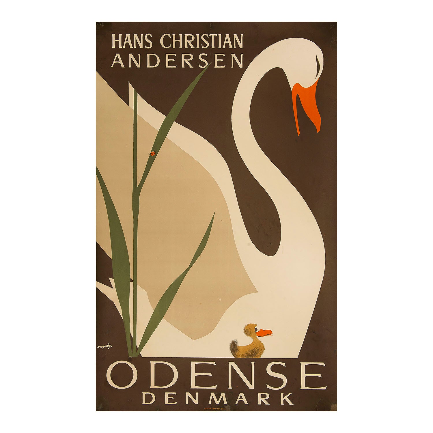 An original Danish tourism poster for Odense, c. 1960. The design by Viggo Vagnby features “The Ugly Duckling” next to an imposing white swan, from the famous Hans Andersen fairy tale of the same name.