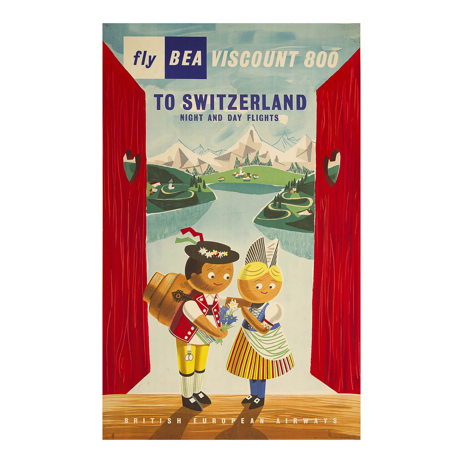 An original British European Airways poster, Fly BEA Viscount 800 to Switzerland, Night and Day Flights, designed by Andre Amstutz, published in 1957. The design features a carved wood ‘Swiss’ couple in the foreground, with the snow-capped Alps in the background. 
