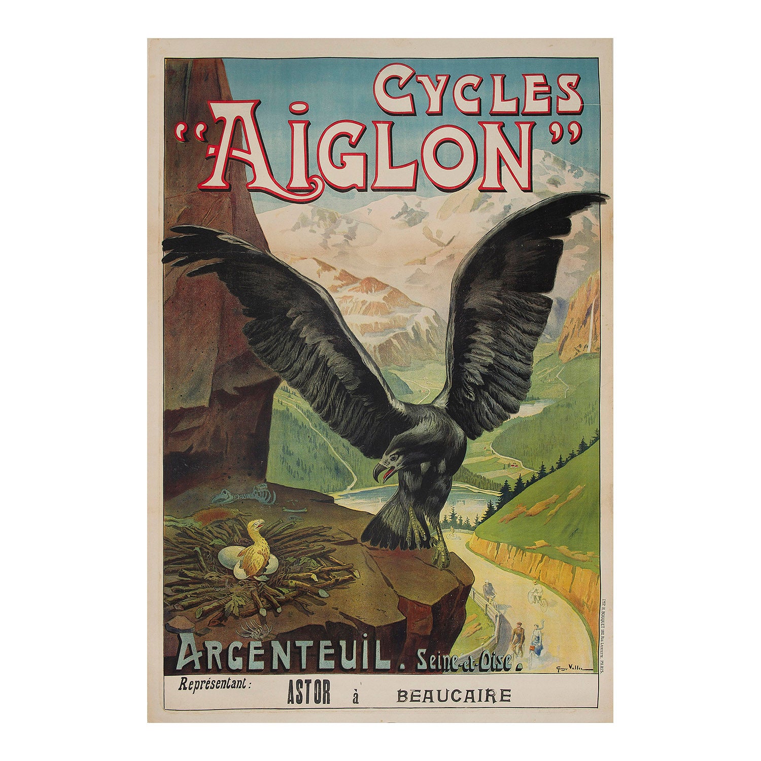 large format original French bicycle poster designed by Georges Vallée for Aiglon Cycles, c. 1901. Ealge in foreground against mountainous terrain