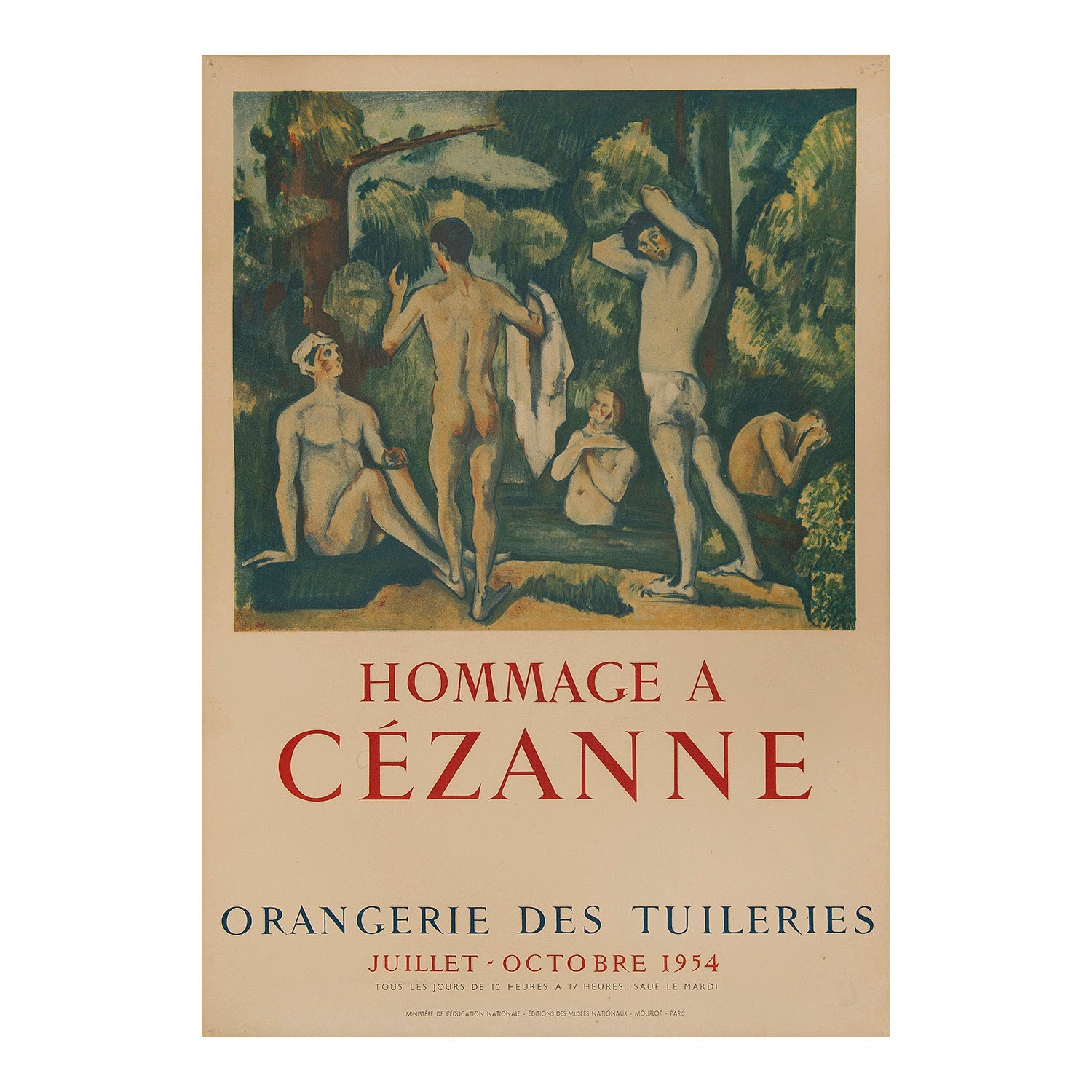 Original exhibition poster, Hommage A Cézanne, Orangerie Des Tuileries, Paris, 1954.  Artwork shows 5 men bathing in a river beneath trees.