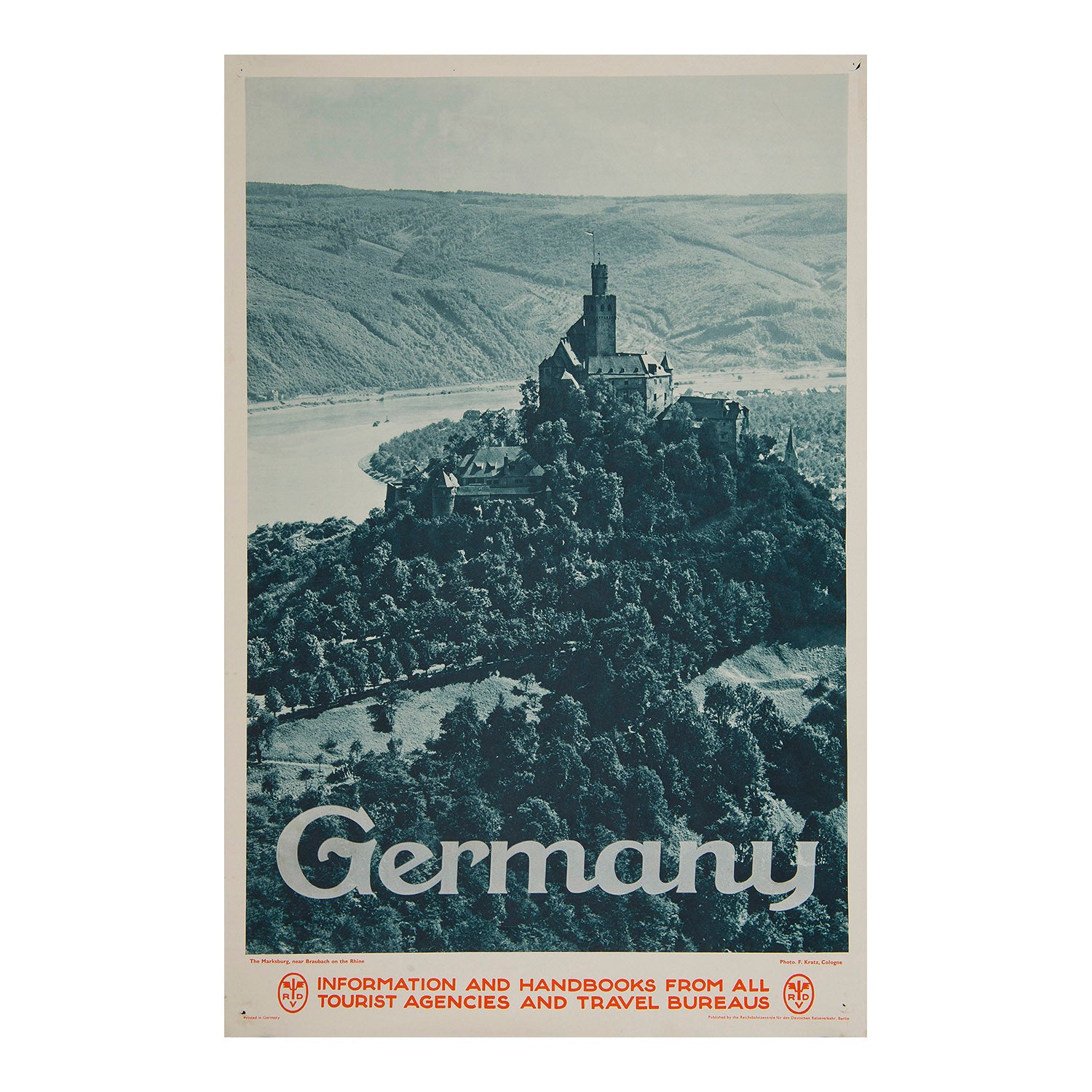 An original photographic German Railway poster published by the Reichsbahnzentrale für den Deutschen Reiseverkehr (RDV) in about 1930, promoting Marksburg castle, Braubach, on the river Rhine.