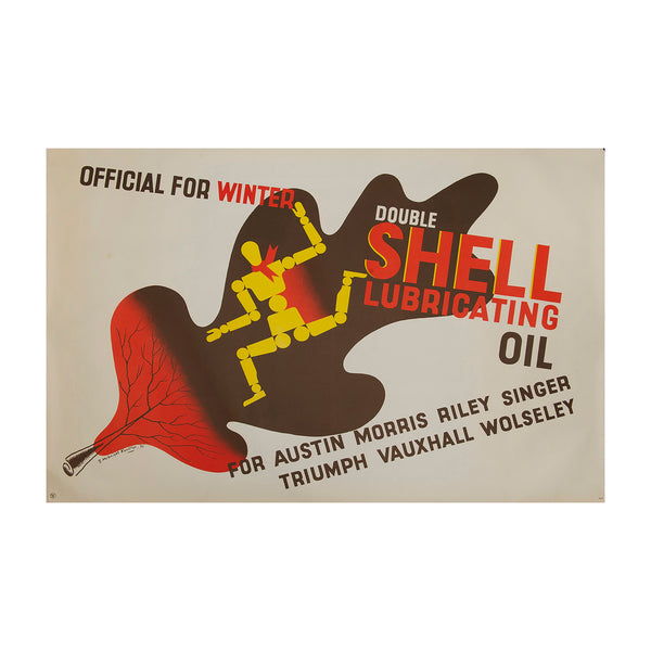 Original Shell Lubricating Oil poster by Edward McKnight Kauffer, 1936, with reference to Austin Morris, Riley, Singer, Triumph, Vauxhall and Wolseley cars