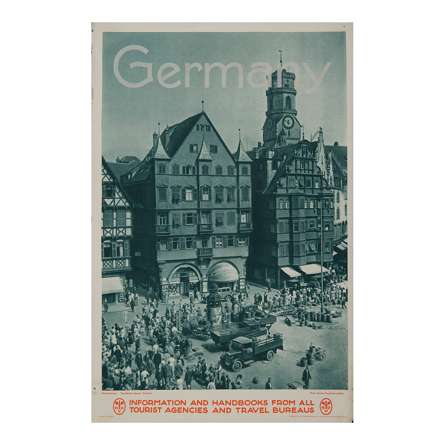 An original photographic German Railway poster published by the Reichsbahnzentrale für den Deutschen Reiseverkehr (RDV) in about 1930, promoting Stuttgart’s historic Market Square, Baden-Württemberg.
