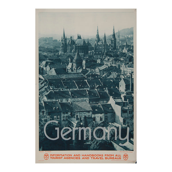An original German Railway poster published by the Reichsbahnzentrale für den Deutschen Reiseverkehr (RDV) in about 1930, promoting Aix-la-Chapelle (Aachen). Photographic poster of Aix-la-Chapelle, Germany.