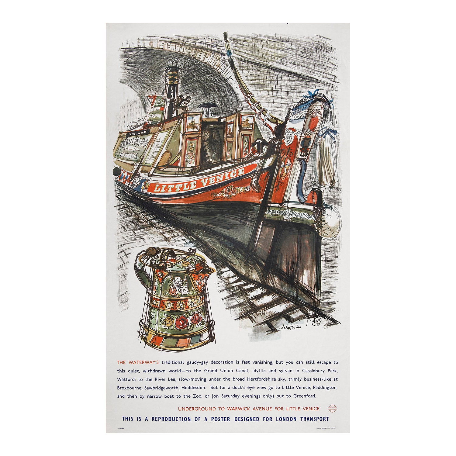 Original London Transport poster promoting daytrips to Little Venice, a district in West London near Grand Union Canal and the Regent's Canal. The painting, by John Finnie, features a highly decorated canal narrow boat characteristic of the area. 