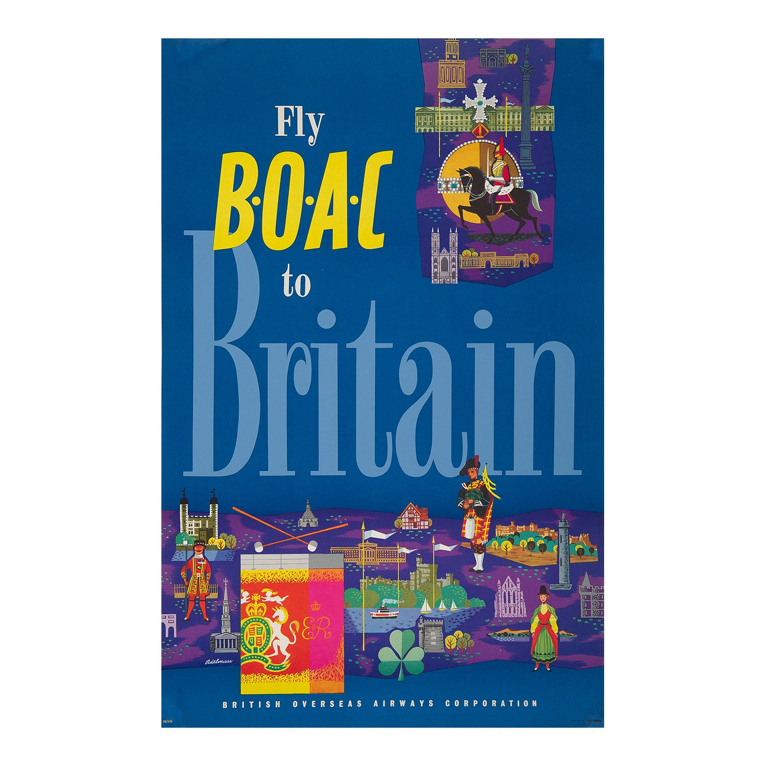 An original British Overseas Airways Corporation (BOAC) poster designed by Ivor Adelman, 1959. The colourful image shows several of Britain’s most famous landmarks, including Windsor and Edinburgh castles and Buckingham Palace.