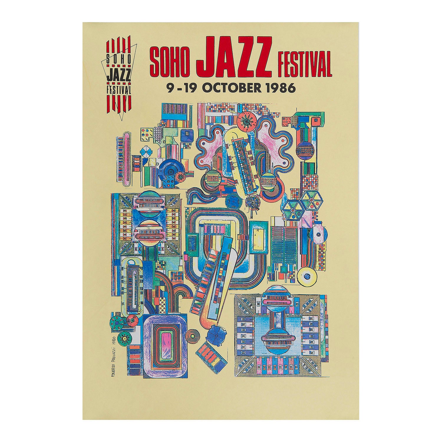 An original poster from the inaugural Soho Jazz Festival, 1986, designed by the ‘godfather’ of pop art, Eduardo Paolozzi.