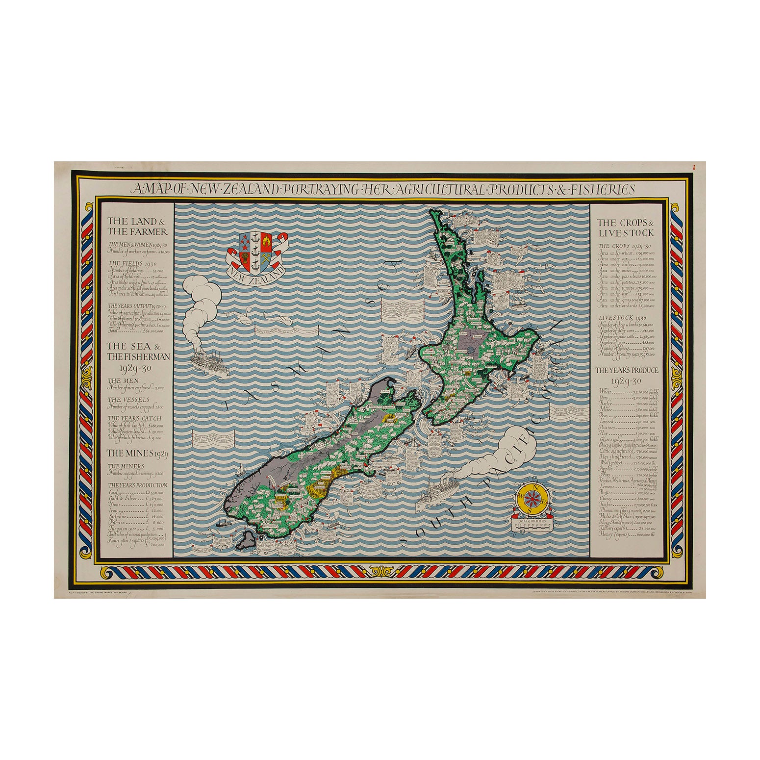 Original Empire Marketing Board poster map, New Zealand. Leslie MacDonald Gill poster. Fishing, farming, mining, 1930s. Steam ships. Antique map.
