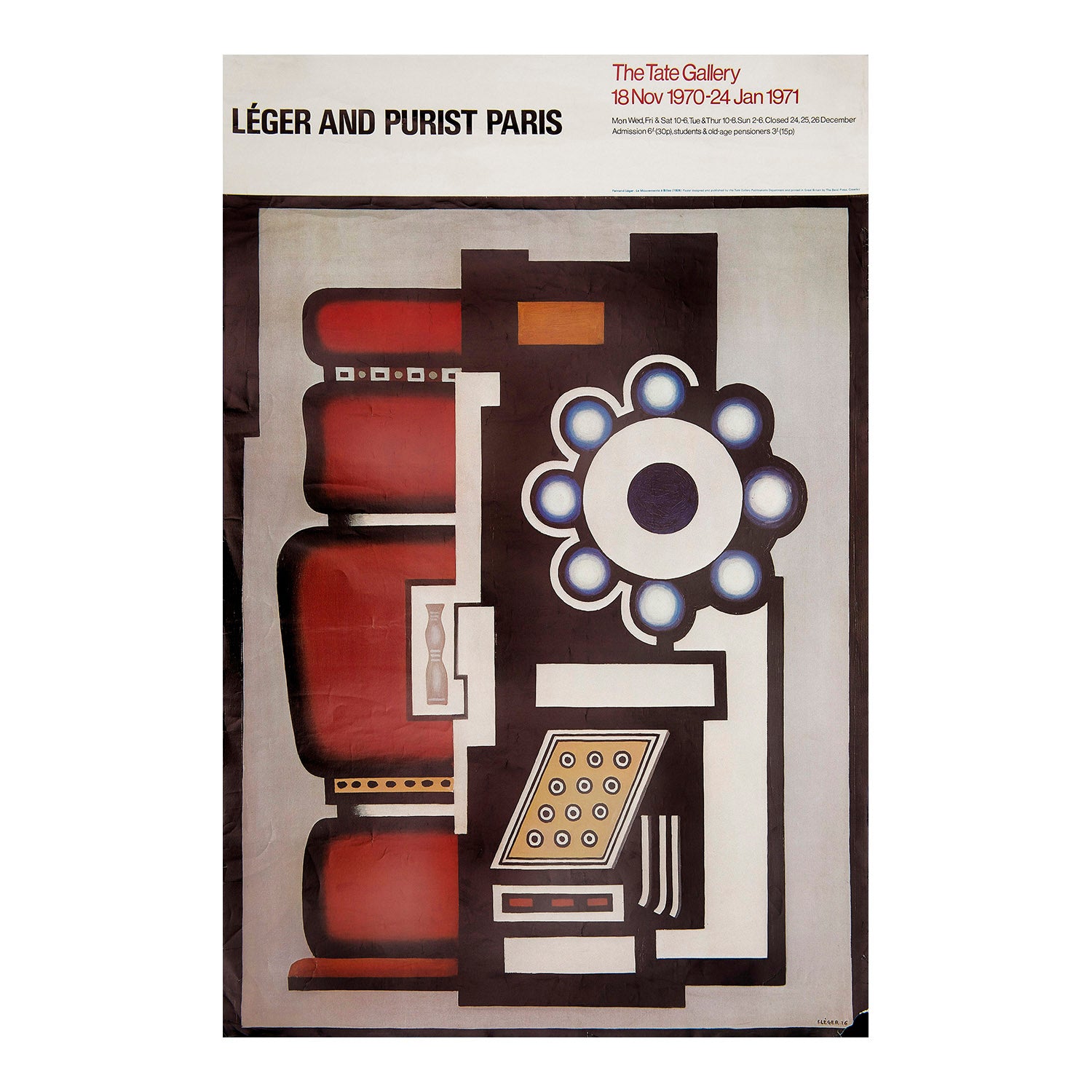 Original exhibition poster, Leger and Purist Paris, held at the Camden Arts Centre, 1975. The design features Le Mouvement à Billes (1926).