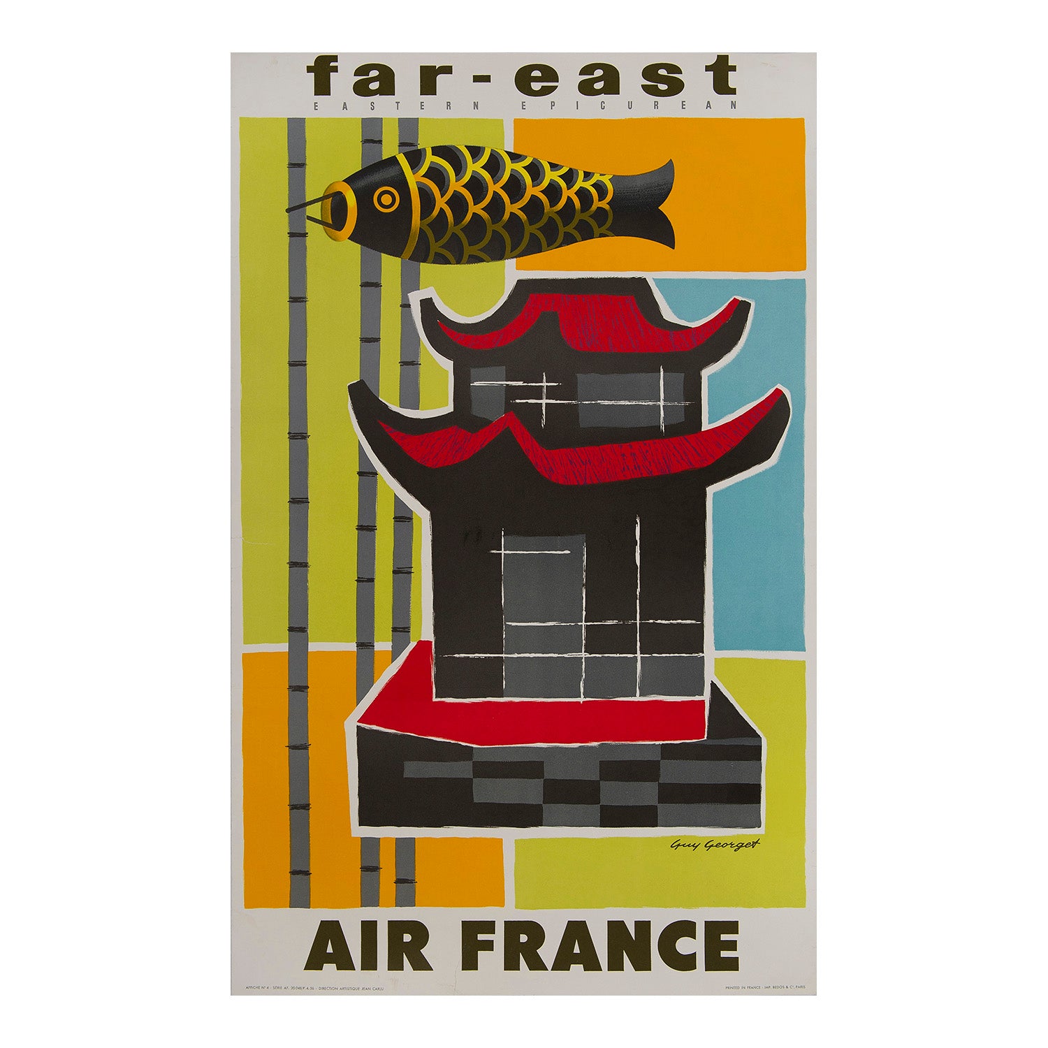 Original Air France poster by Guy Georget, 1956, Far East. Stylised Japanese pagoda with a Chinese fish kite and bamboo motif