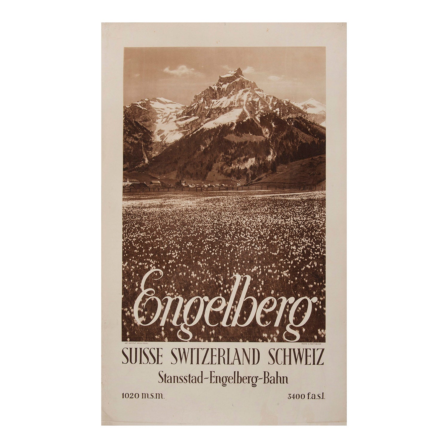 Original Swiss travel poster: Engelberg, 1930. Design features a contemporary photograph by A Trottmann of the Uri Alps
