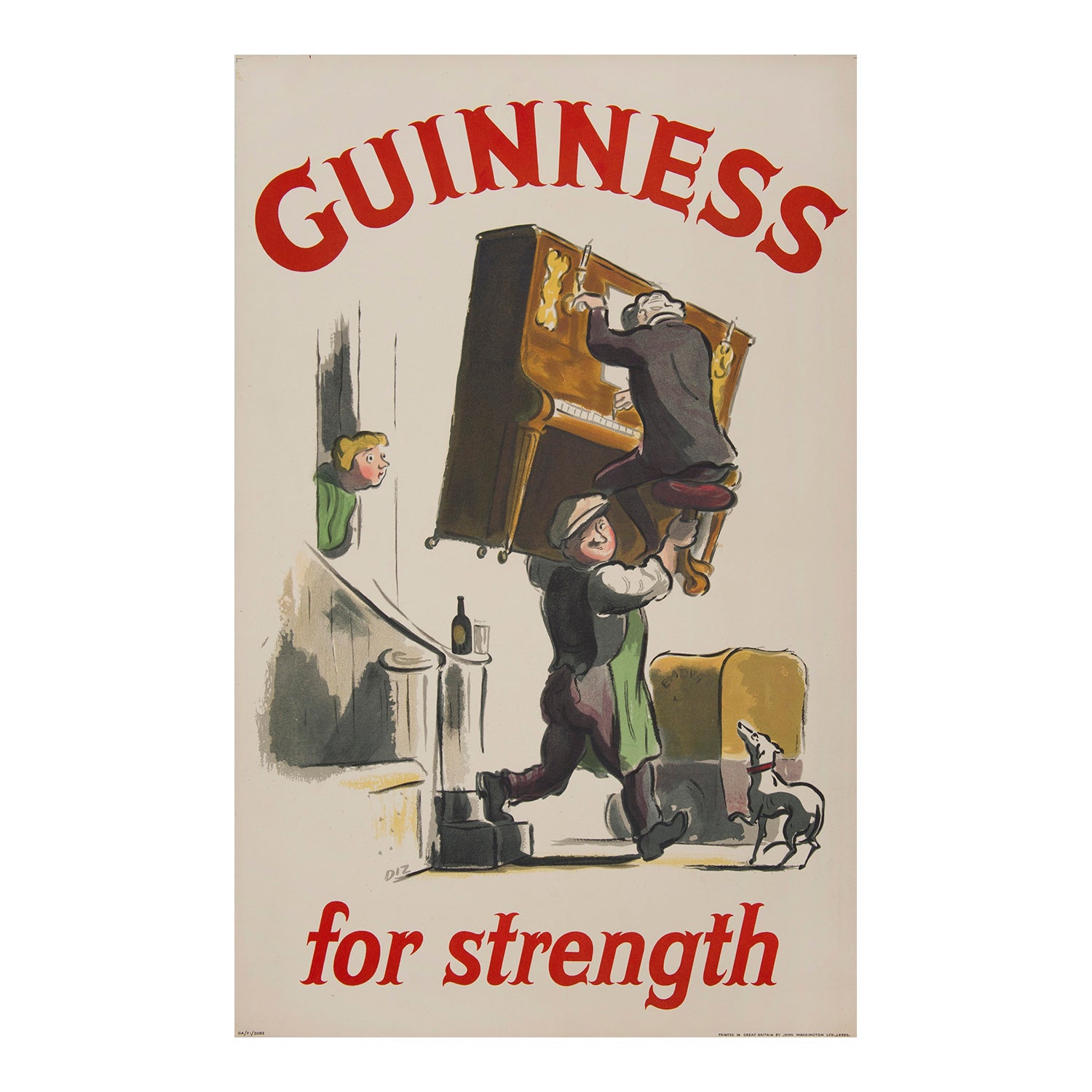 Original poster Guinness for Strength, 1953, Edward Ardizzone. Depicts removal man carrying piano and pianist