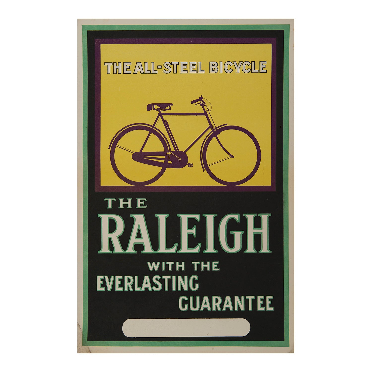 Original vintage advertising poster for the Raleigh ‘All Steel Bicycle’, c.1935. The image features a bicycle and the branding 'The Raleigh, with the everlasting guarantee'.