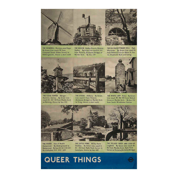 An original London Transport poster from 1938. A photographic poster of Windmill at Moreton (near Ongar), the Beacon at Hadley Church, the Old Bassettbury Mill at High Wycombe, the Clock Tower at Abinger Hammer, the Stocks at Aldbury, the White Lady at Esher, the Pound at the Vale of Health (Hampstead), the Cattle Pond at Willey Farm (Chaldon) and the Village Cross and Lock-Up at Lingfield.