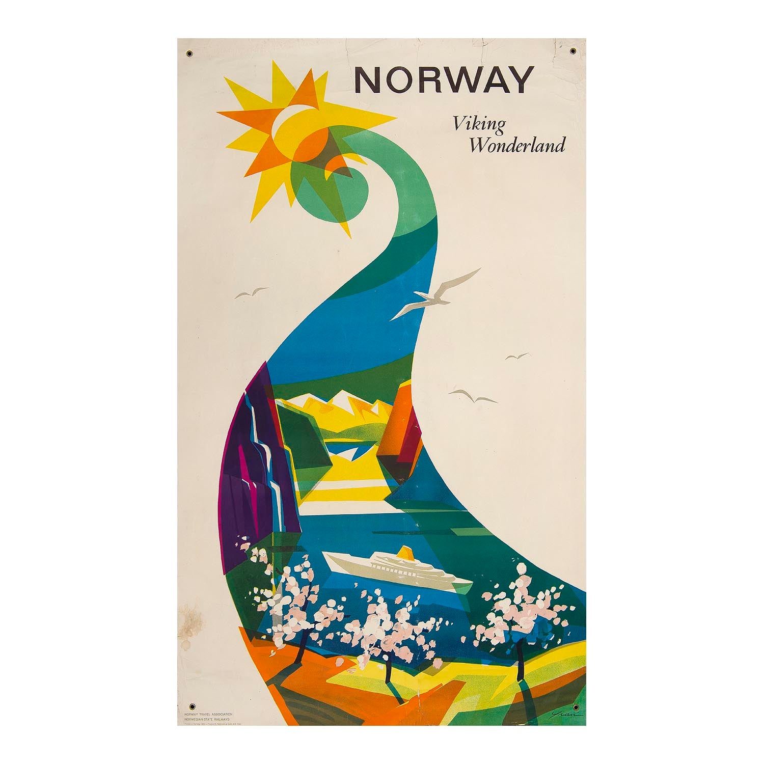 An original Norwegian travel poster, Norway, Viking Wonderland, designed by Knut Yran for the Norway Travel Association and Norwegian State Railways, 1962. The colourful ‘mid-century modern’ design features a pleasure cruiser traversing a Norwegian fjord, viewed through a graphic representation of a Viking long boat.