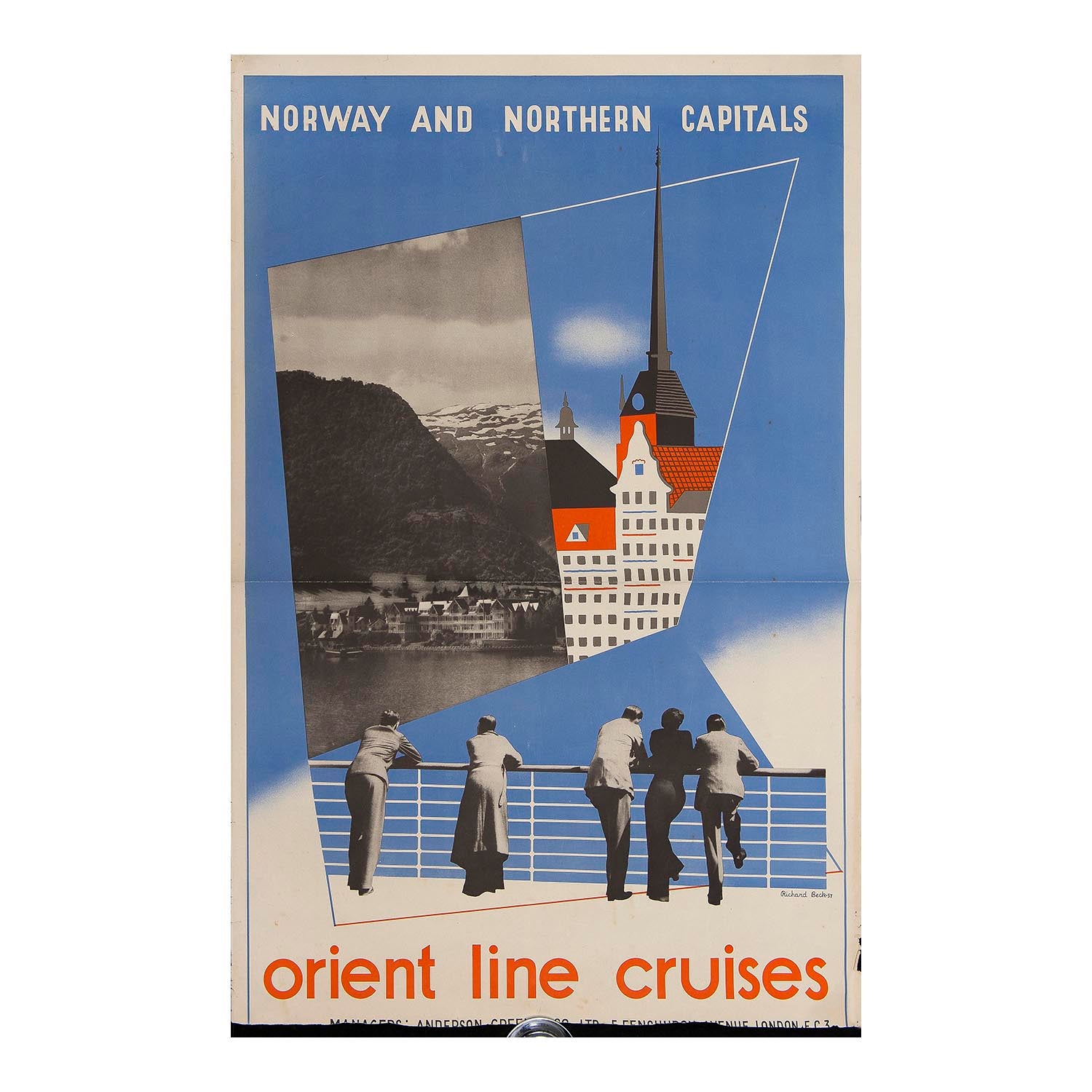 Travel poster, Norway and Northern Capitals, designed by Richard Beck, published by the Orient Steam Navigation Company (Orient Line). The design features passengers on board an Orient Line cruise ship with photographic and graphic depictions of tourist destinations in the background.