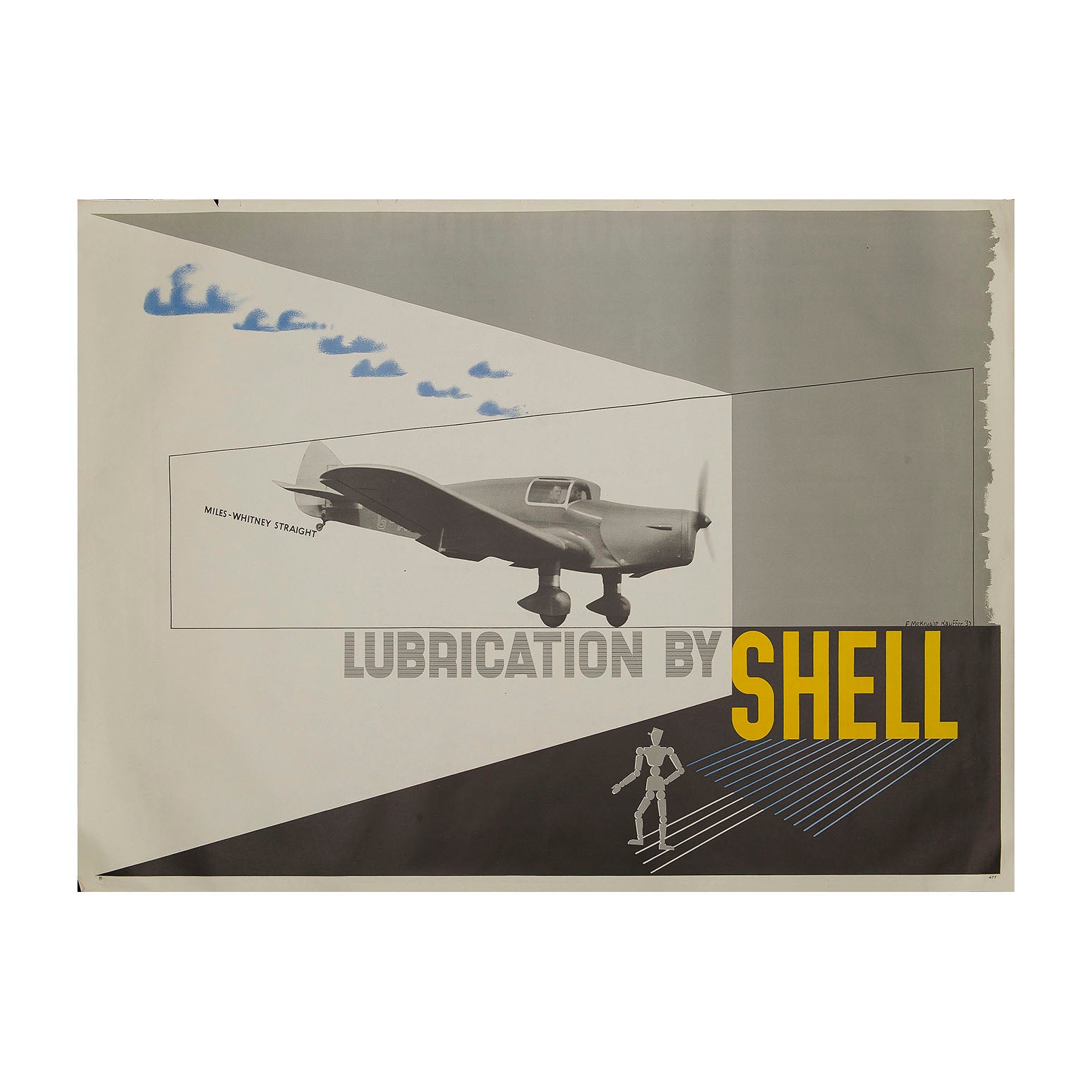 Original poster: Lubrication by Shell. Miles-Whitney Straight, by Edward McKnight Kauffer 1937. Features a Miles-Whitney Straight monoplane 