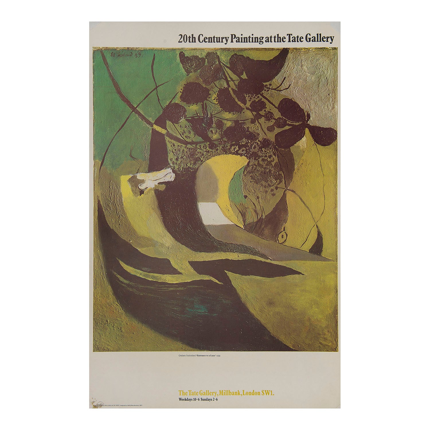 Original gallery poster: 20th Century Painting at the Tate Gallery, 1973. The design features abstract artwork with a minimal colour palette - Graham Sutherland’s Entrance to a Lane, 1939.