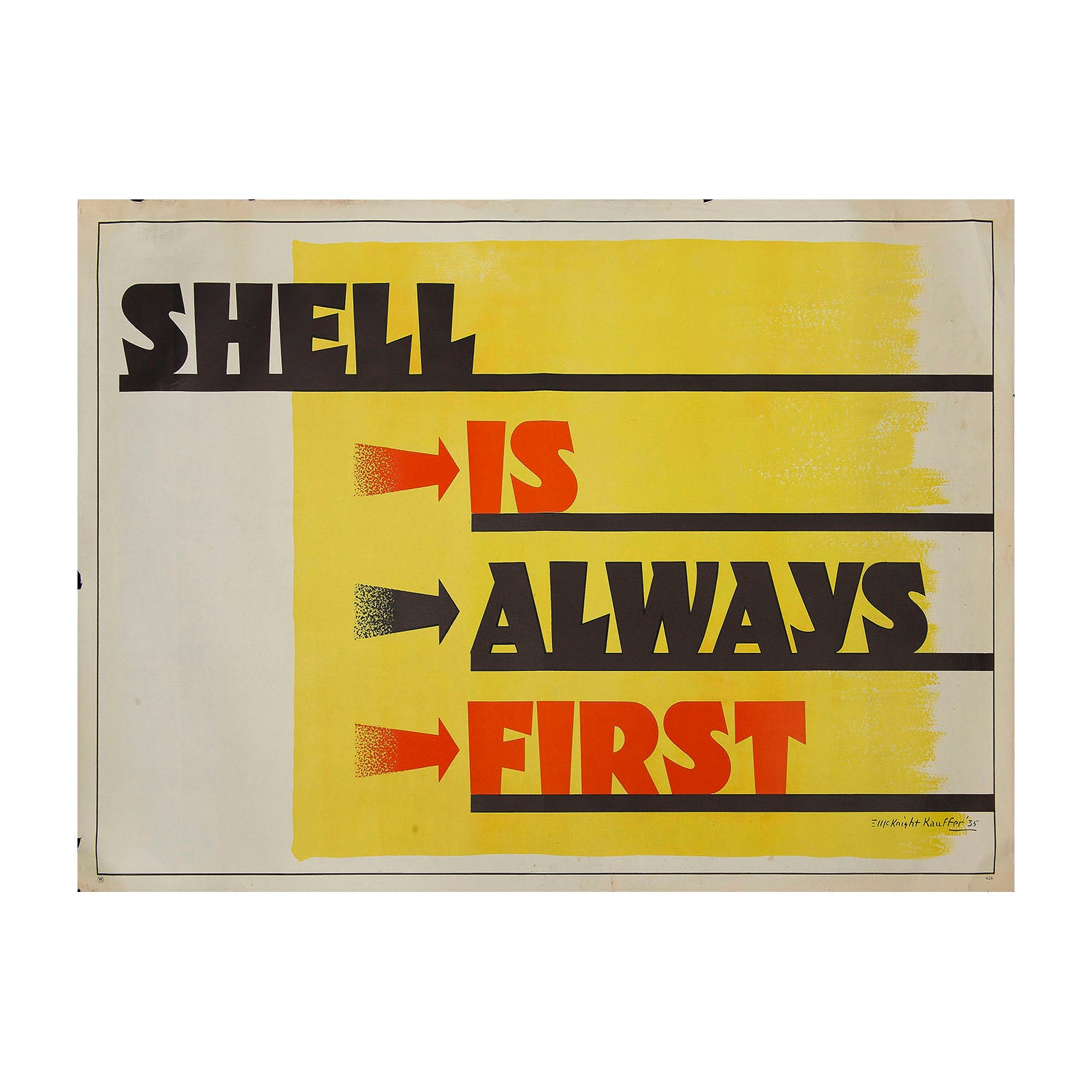 Original travel poster: Shell Is Always First, by Edward McKnight Kauffer 1935. Typographic design in bold font & colours