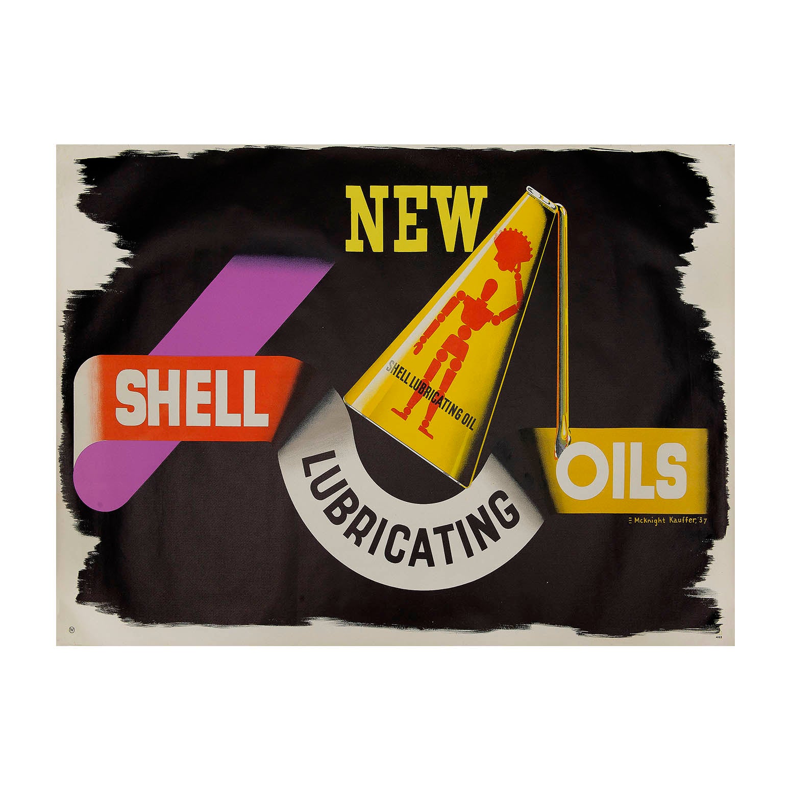 Original Shell poster: New Shell Lubricating Oils, by Edward McKnight Kauffer, 1937. Undulating ribbon motif connects the message with the product. Modernist design