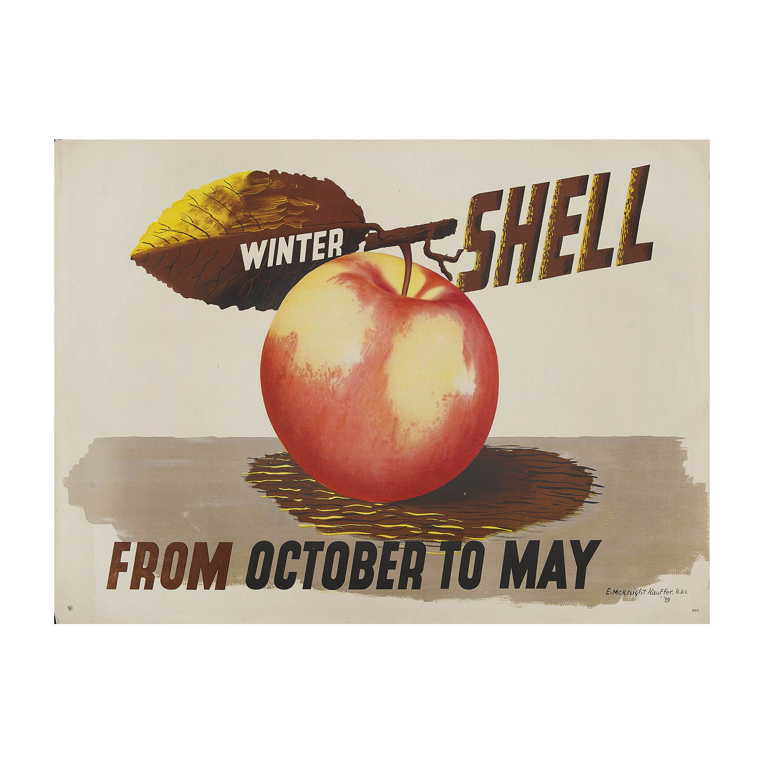 Original poster: Winter Shell from October to May, by Edward McKnight Kauffer, 1939. Design depicts single apple with autumnal leaf