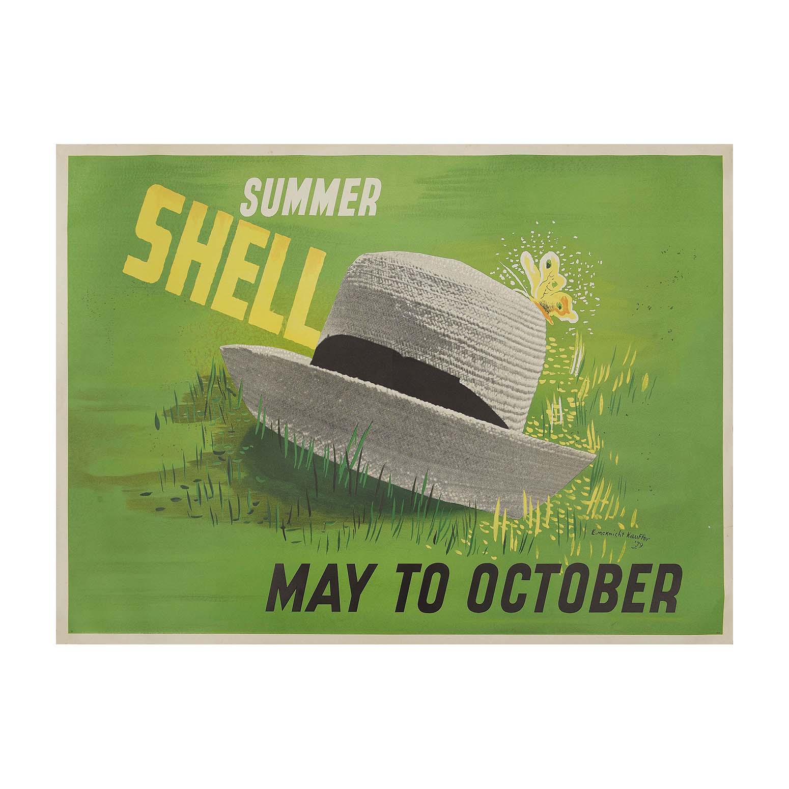 Original, antique, poster: Summer Shell from May to October, designed by Edward McKnight Kauffer, 1939. The photomontage design features a photograph of a summer hat superimposed with a graphic representation of a butterfly against a grassy background.
