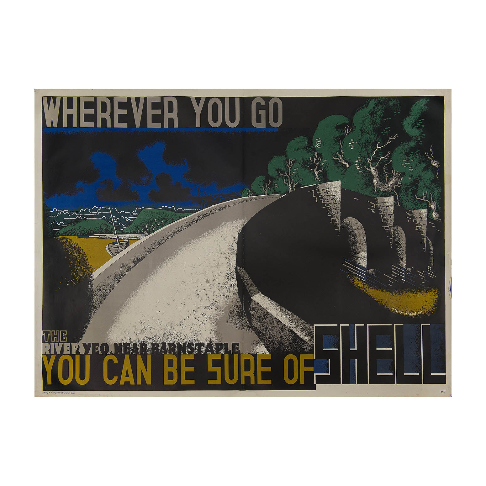 Original poster: The River Yeo Near Barnstaple, Wherever You Go You Can Be Sure of Shell by Edward McKnight Kauffer, 1932. Nocturnal view of bridge crossing over the River Yeo in Devon. ‘neo-Romantic’ & Modernist