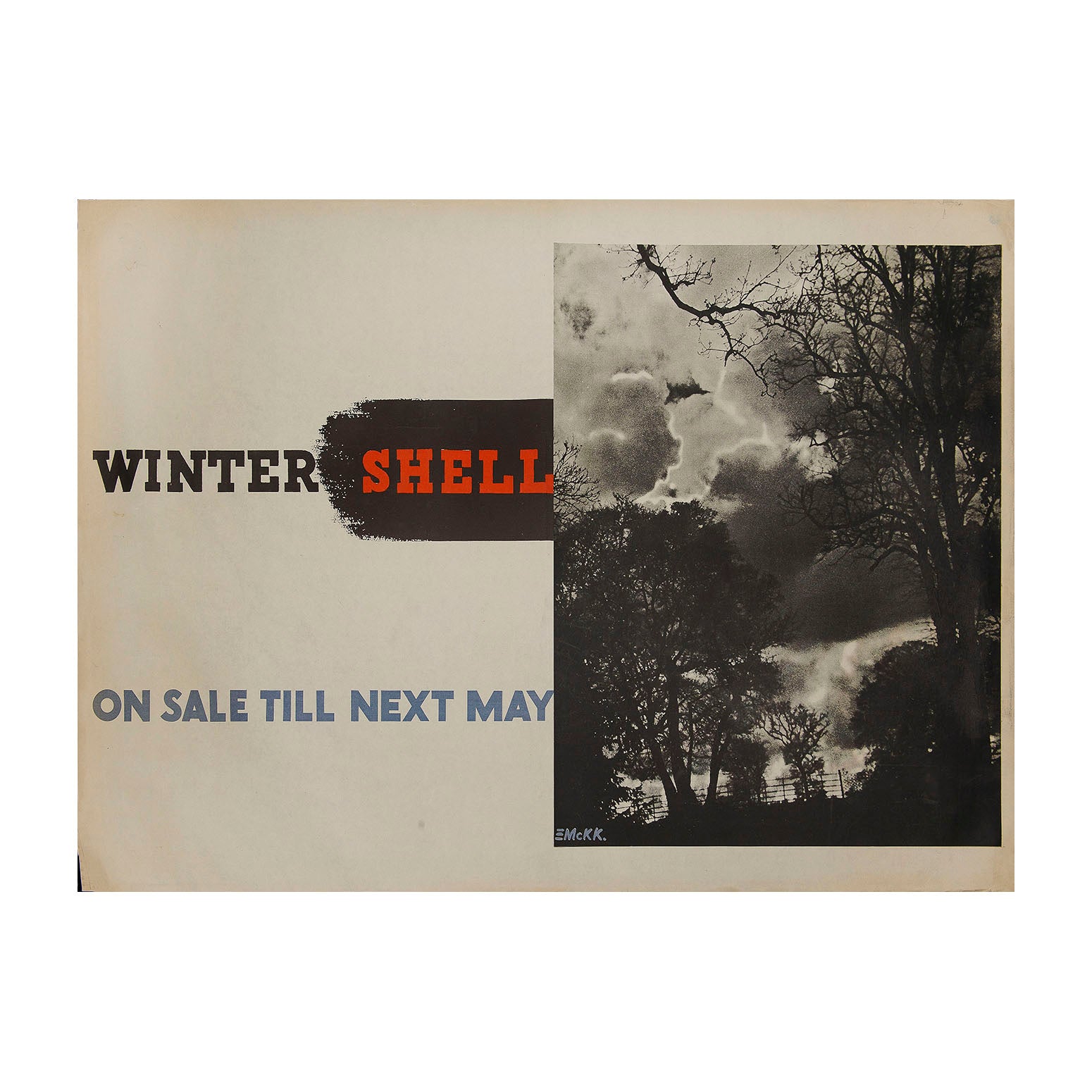 Original Shell poster: Winter Shell, Edward McKnight Kauffer, 1935. Dramatic black & white image of a wintry scene in the manner of the famous Shell Guides