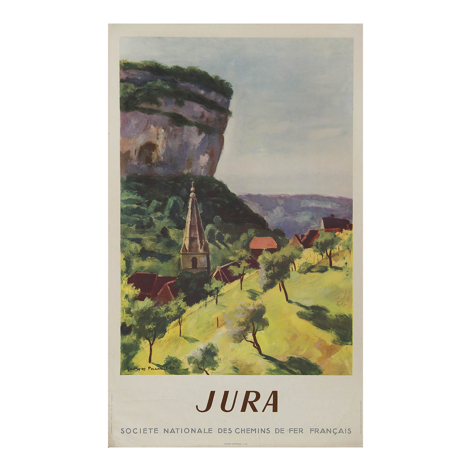 Original French Railways poster for Jura in the Bourgogne-Franche-Comté region of Eastern France, painted by Georges Paronil, 1947. Landscape painting of Jura.
