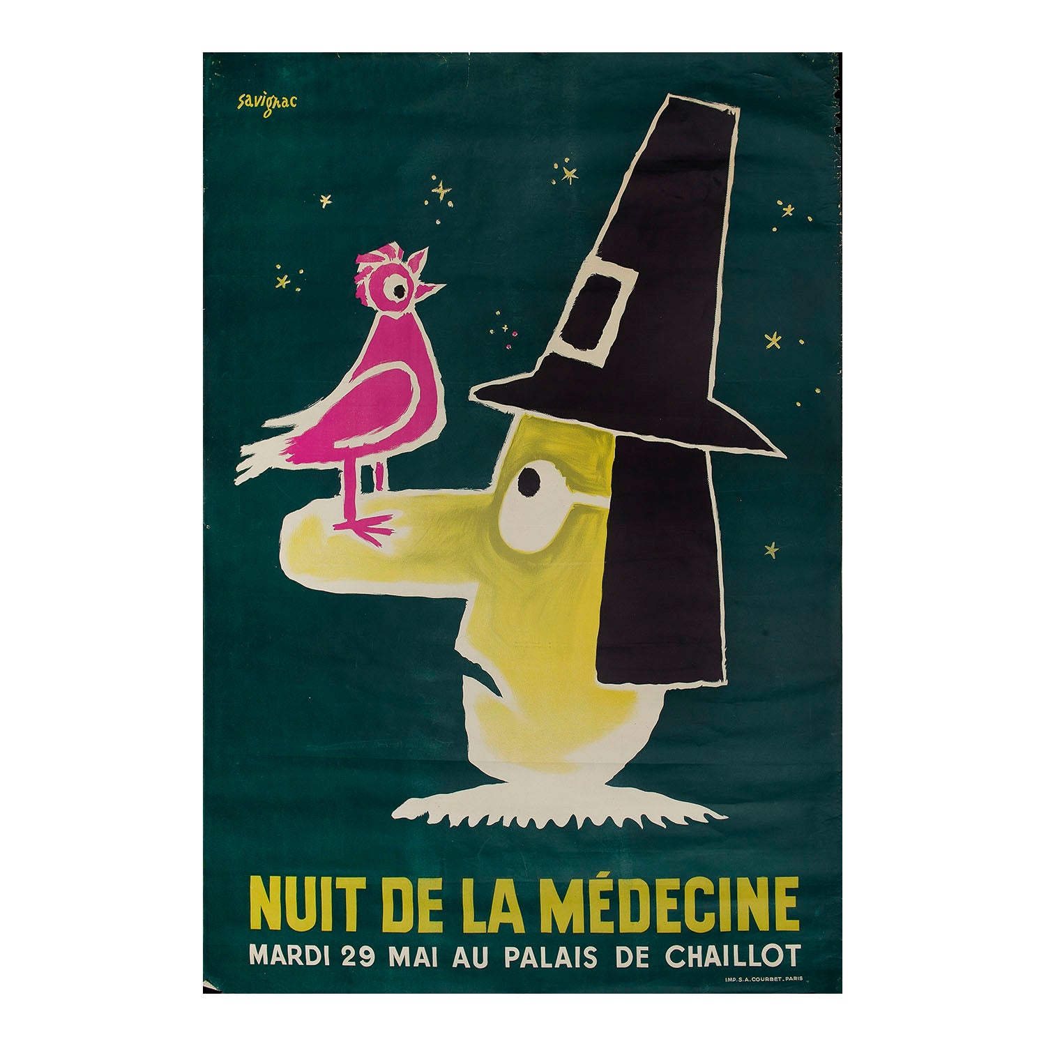 Original poster Nuit de la Medicine, au Palais de Chaillot, by Raymond Savignac 1953. Comic illustration of C17th doctor with a bird on his nose