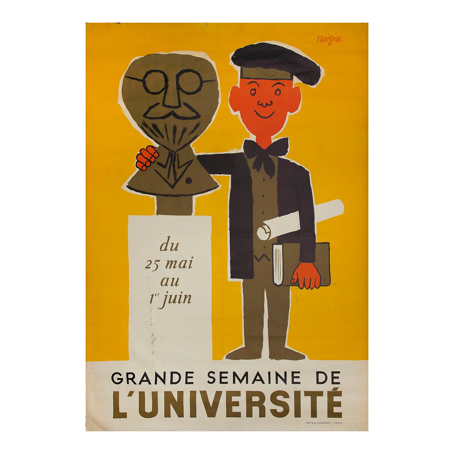Original poster for Parisian ‘University Week’ by Raymond Savignac 1951. Design depicts student holding diploma & embracing a carved bust
