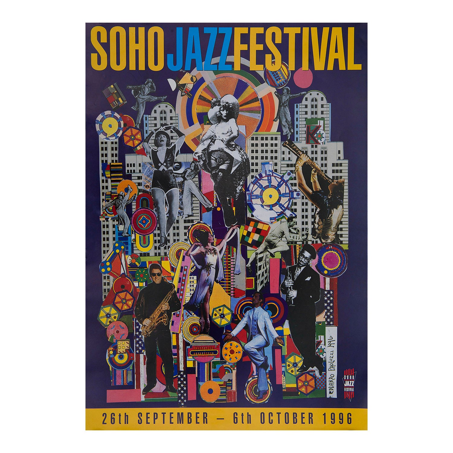 An original poster for the 1996 Soho Jazz Festival designed by the ‘godfather’ of pop art, Eduardo Paolozzi. 