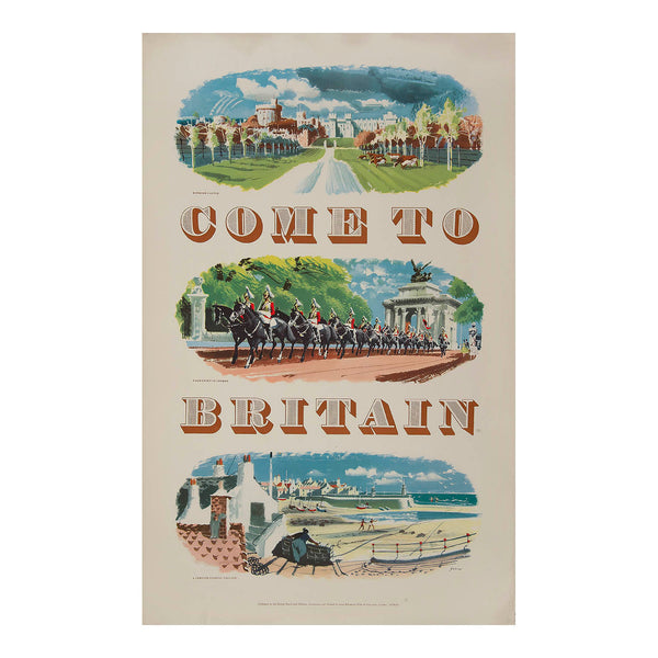 Original poster by Xenia for the British Travel& Holidays Association in 1955. The design features vignettes of Windsor Castle, the Household Cavalry passing the Wellington Arch (London), and ‘a Cornish fishing village’.
