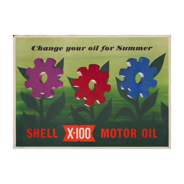Shell ‘lorry’ poster designed by John Castle, 1953. Image shows 3 flowers made of cogs, with the caption 'Change your oil for Summer - Shell x-100 Motor Oil'.
