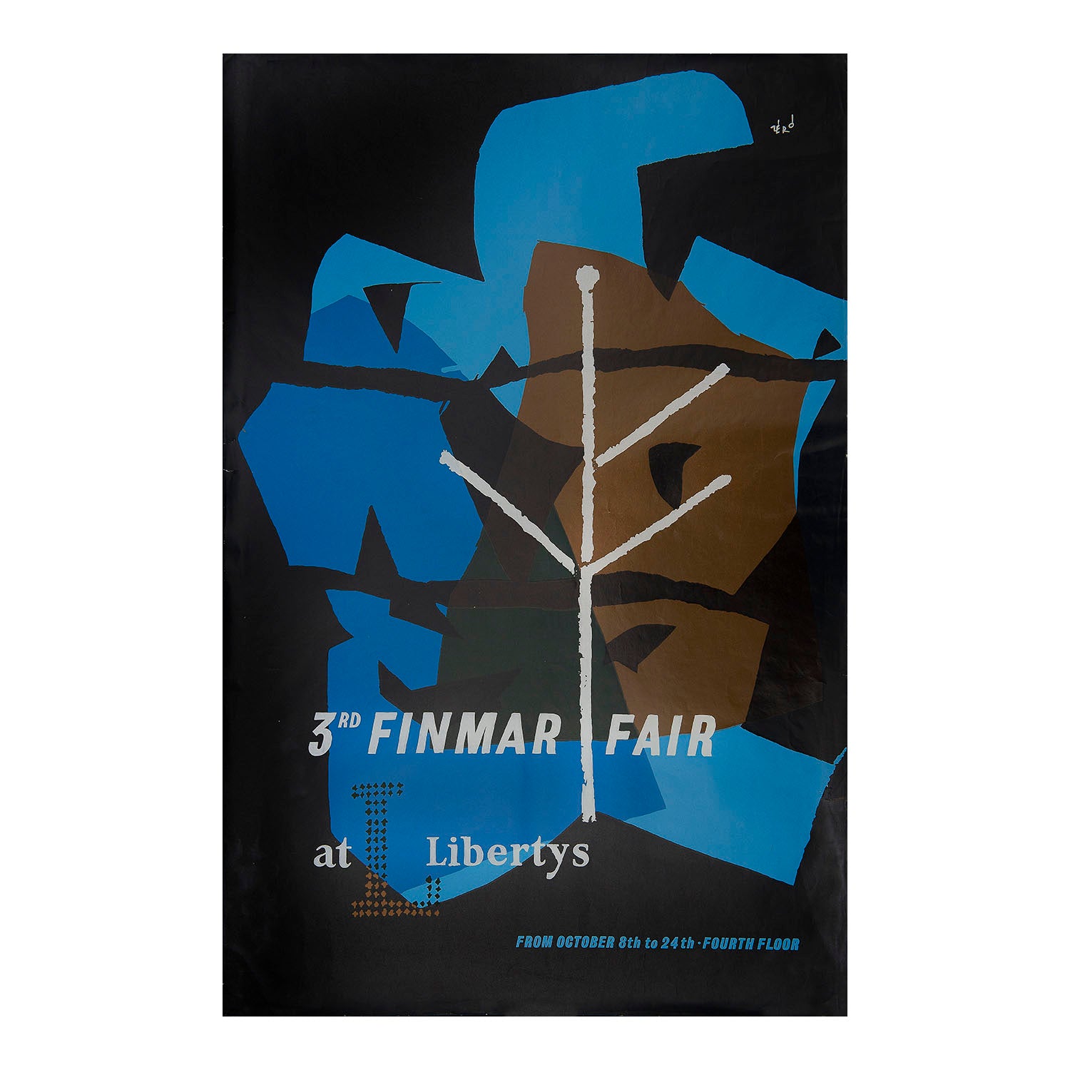 Original poster '3rd Finmar Fair at Liberty's' by Hans Schleger (who signed his work ‘Zero’), advertising an exhibition of Finmar homewares at Liberty’s department store, 1957. The poster features an abstract design of a leaf. 