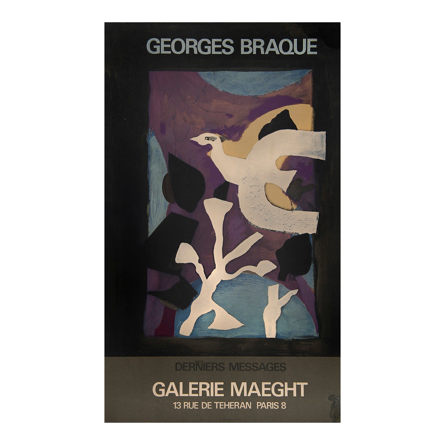 An original exhibition poster for Geroges Braque, 1967. The design shows an abstract bird flying past some trees in a minimal colour palette. 