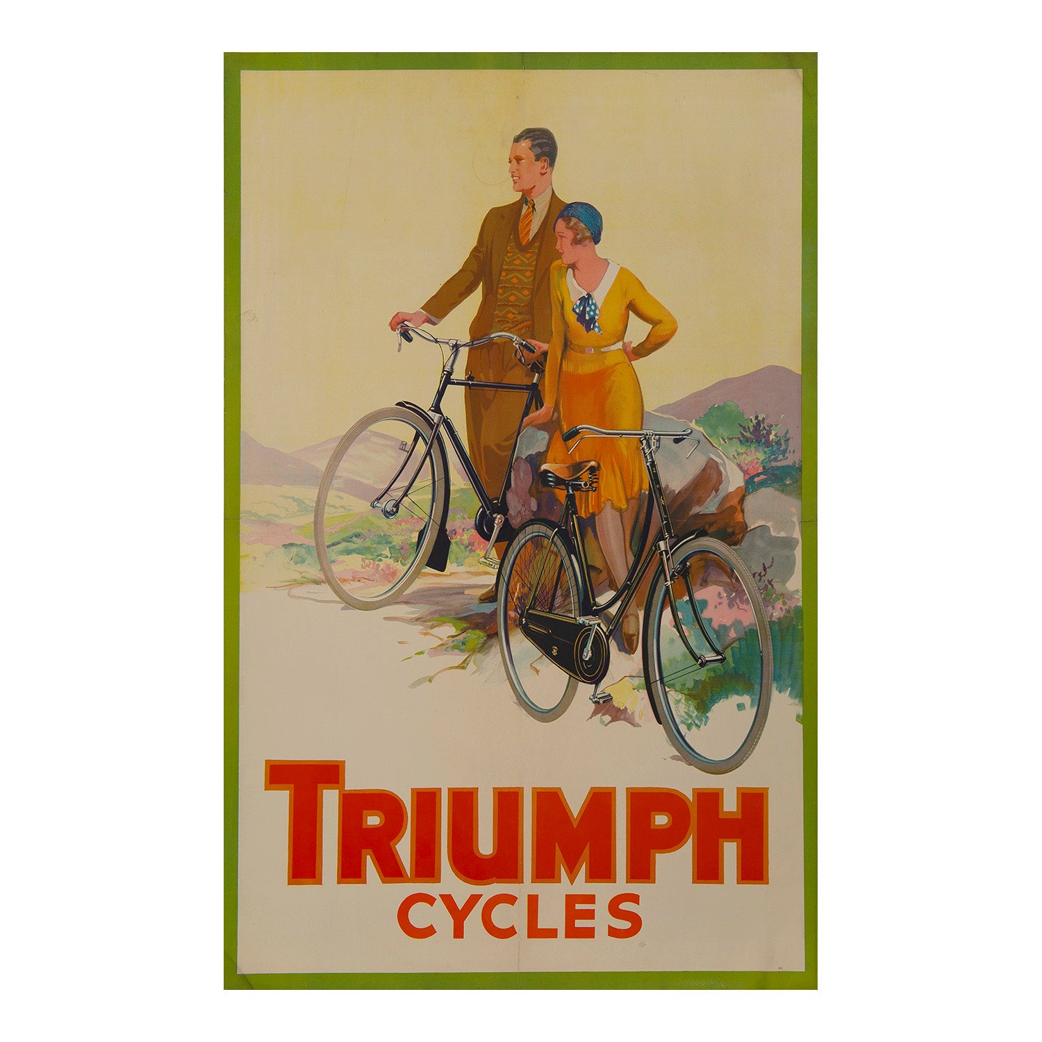 An original, promotional poster for the Triumph Cycle Company, c. 1930. The image depicts a man and woman standing with their bikes against a scenic backdrop.