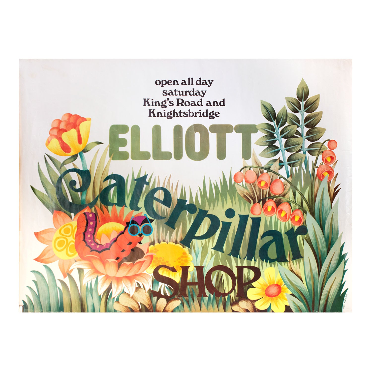 An original poster for Elliott's new 'Caterpillar Shop' designed by Iris Wells in 1969. The image is a colourful representation of a sunglasses wearing caterpillar crawling among the vegetation.
