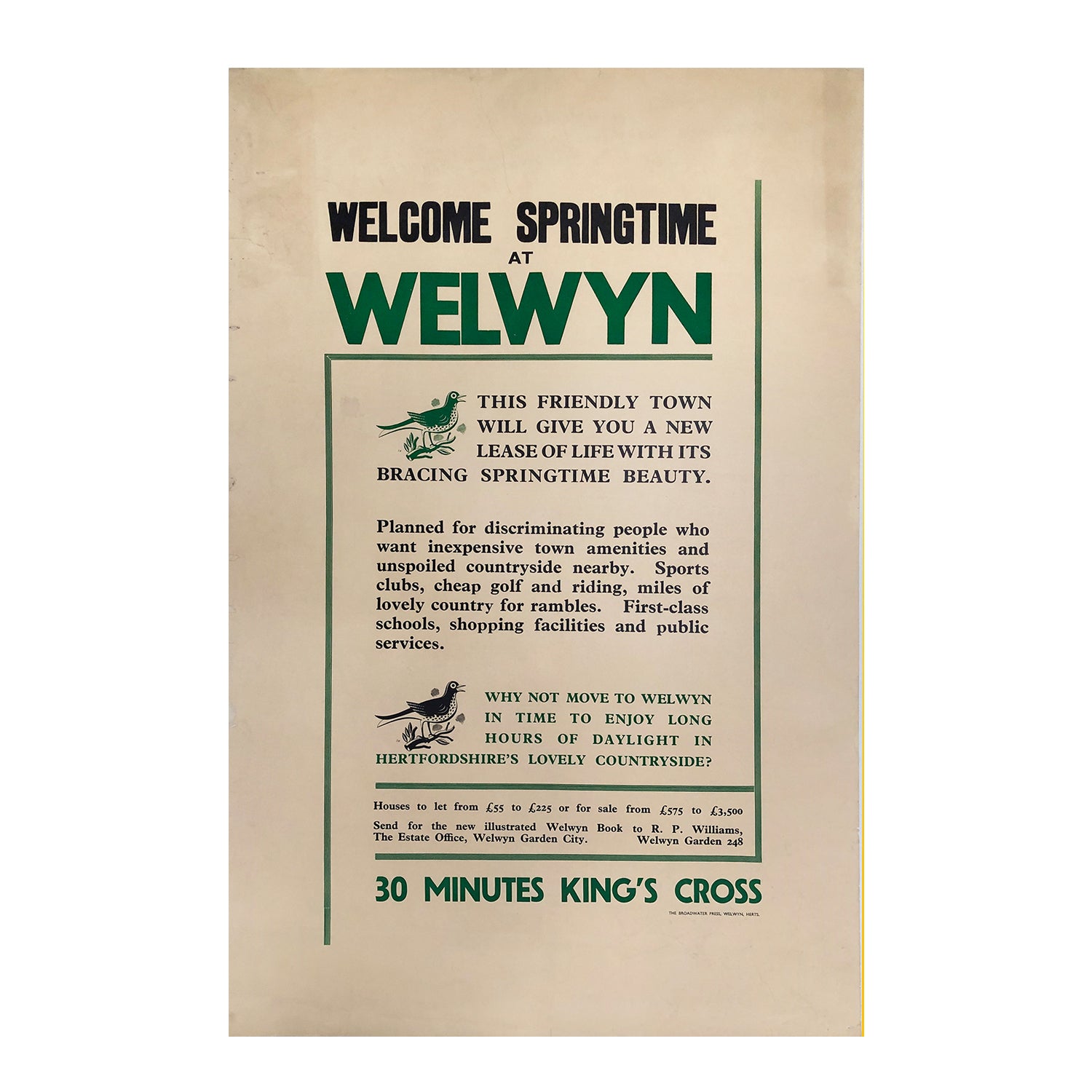 Original vintage poster promoting homes for sale in Welwyn Garden City, with illustrations by Stanley Herbert